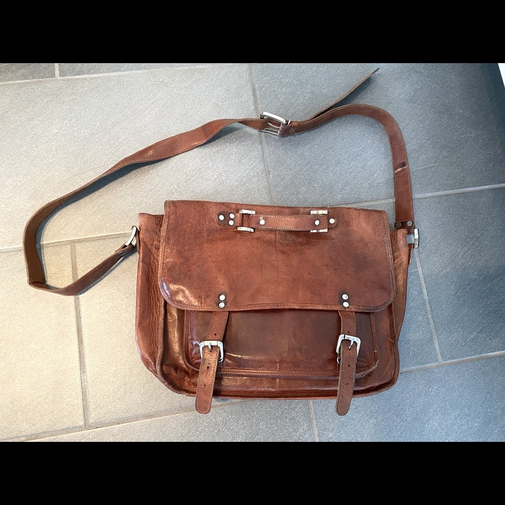 Brown leather messenger bag